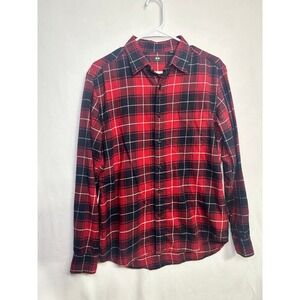 Uniqlo Mens Red Black Plaid Flannel Button Up Shirt 421205 Medium